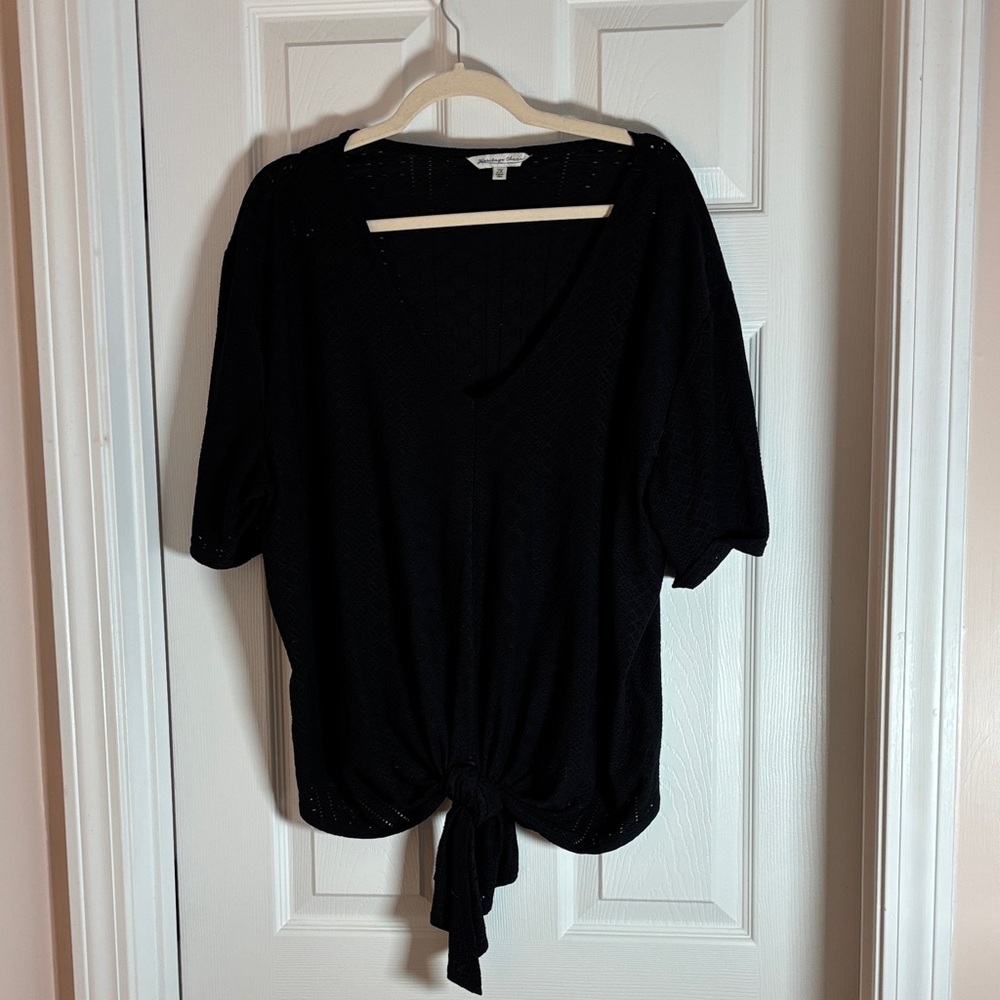 Heritage Charm Black Embroidered Eyelet Tie-Front V-Neck Blouse- Plus Size 2X